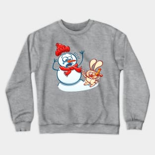 Naughty bunny stealing the carrot nose of a Christmas snowman with a hair dryer Crewneck Sweatshirt